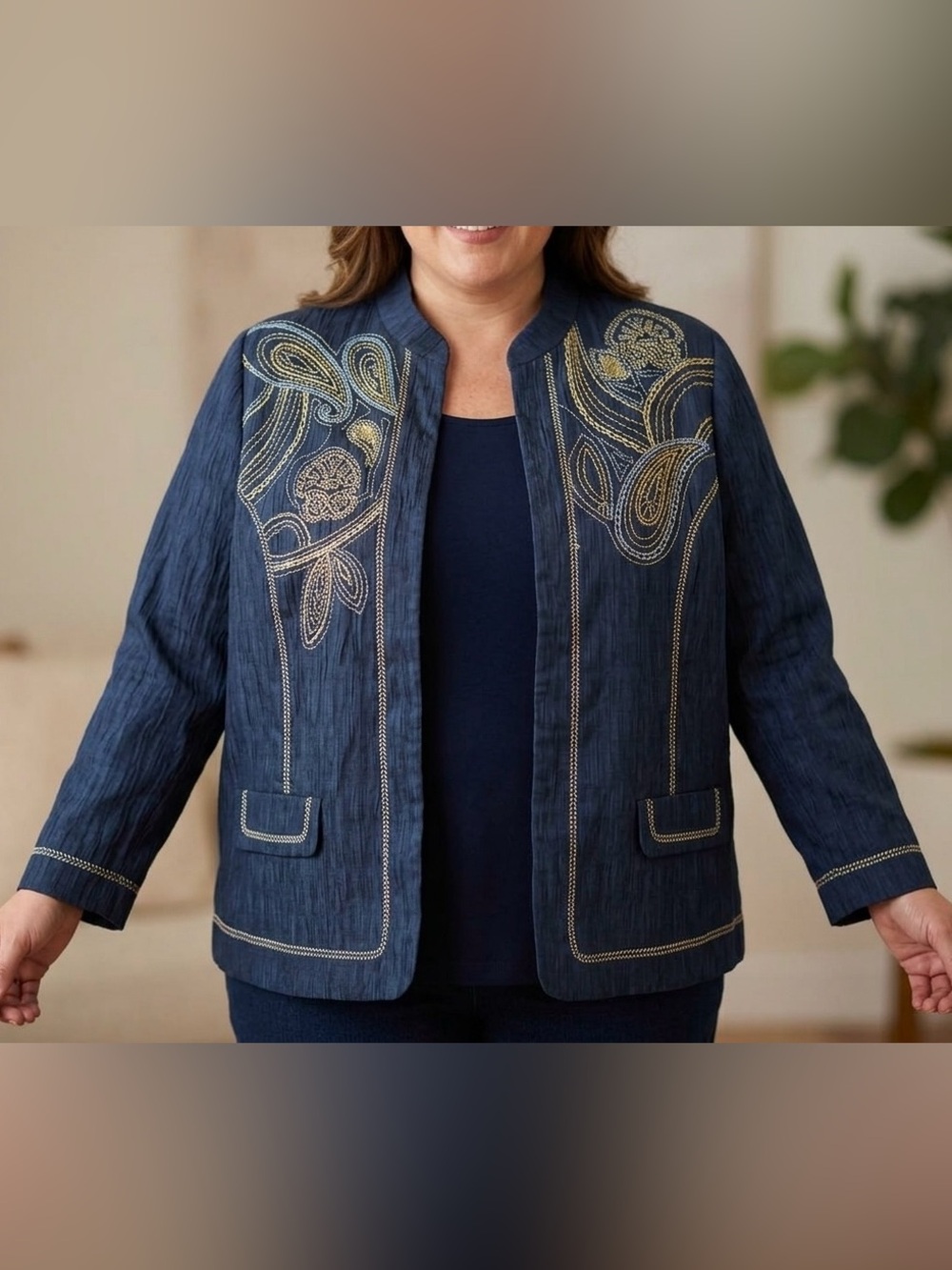Alfred Dunner Navy Blue Embroidered Paisley Jacket Blazer Size 18